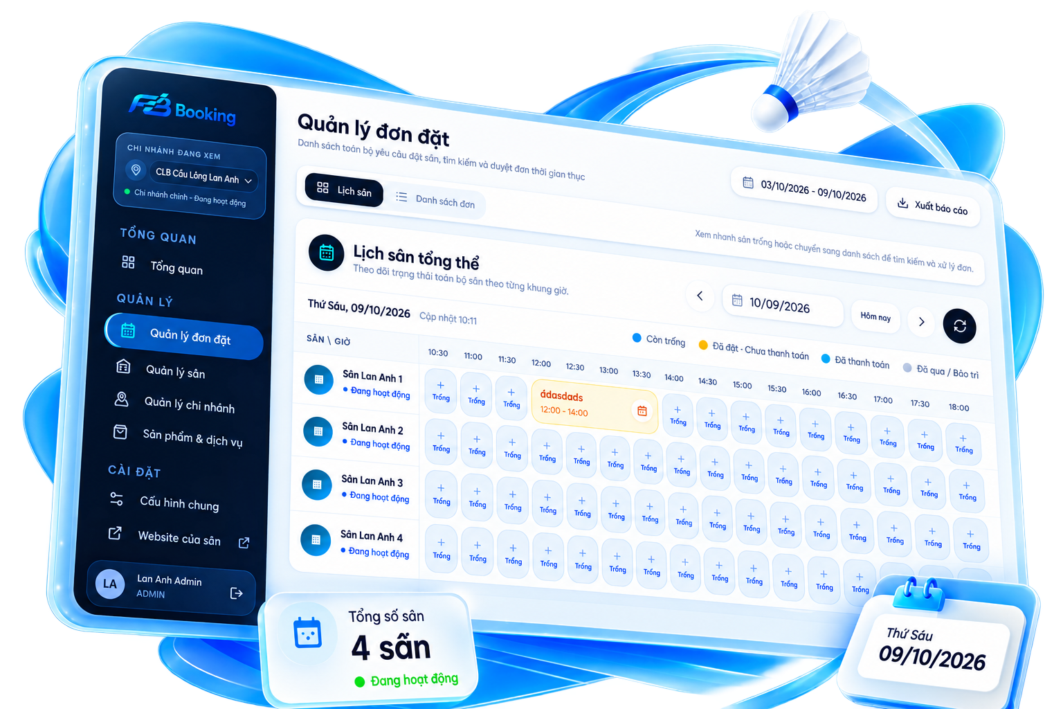 Dashboard lịch đặt sân FEBbooking