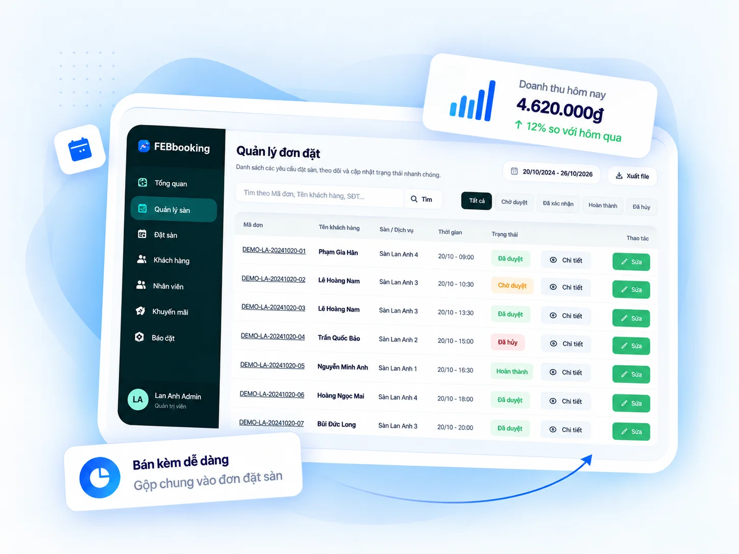 Giao diện lịch đặt sân và dịch vụ bán kèm trên FEBbooking