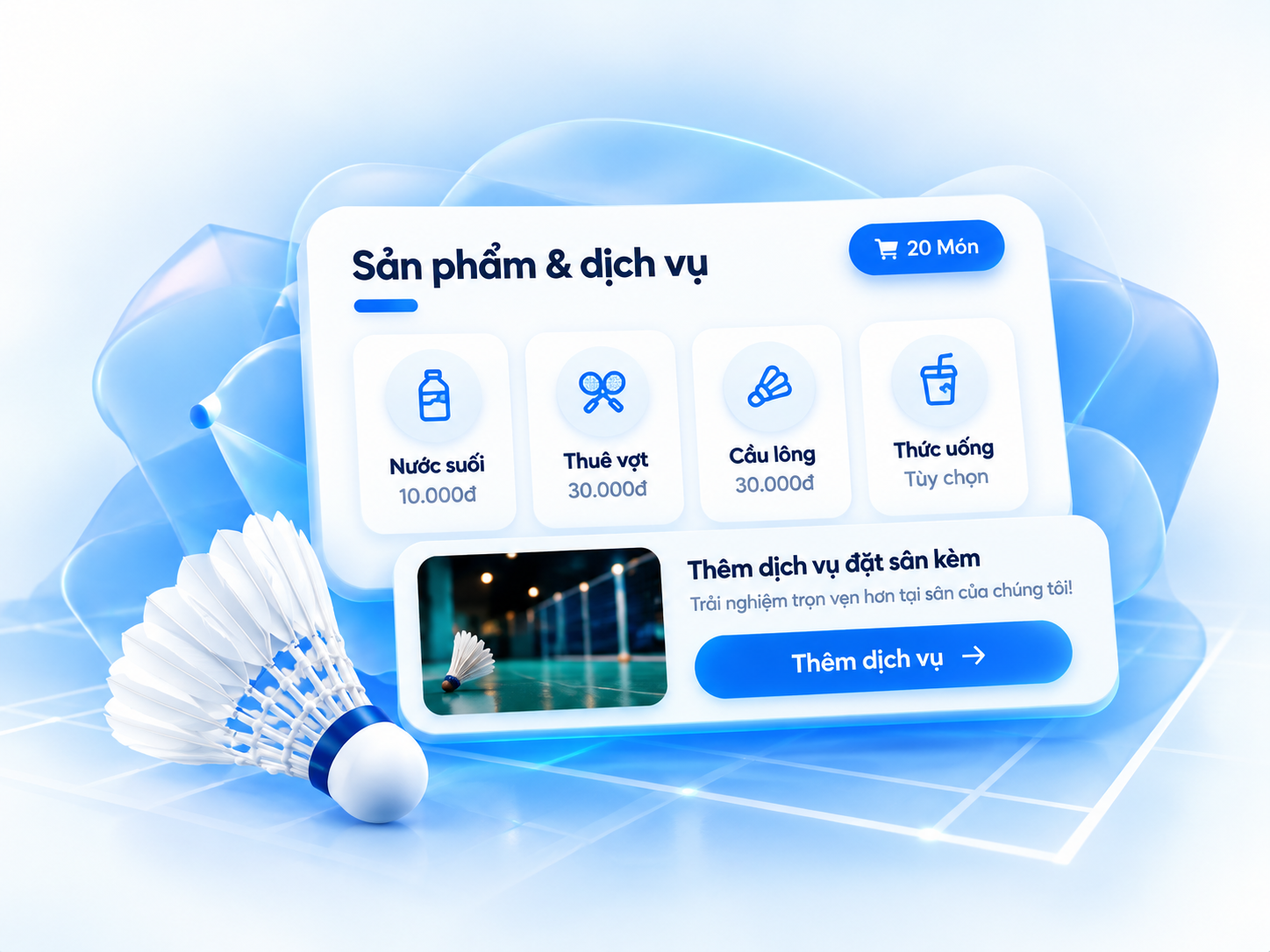 Sản phẩm, dịch vụ bán kèm và phiếu đặt sân trên FEBbooking